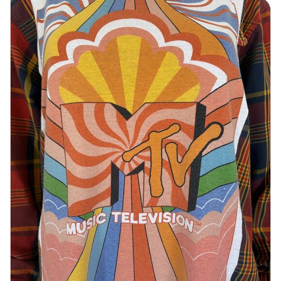 Upcycled MTV Flannel Patchwork Shirt Grunge Y2K Retro Plaid Top Ruffle Colorful - Picture 3 of 8